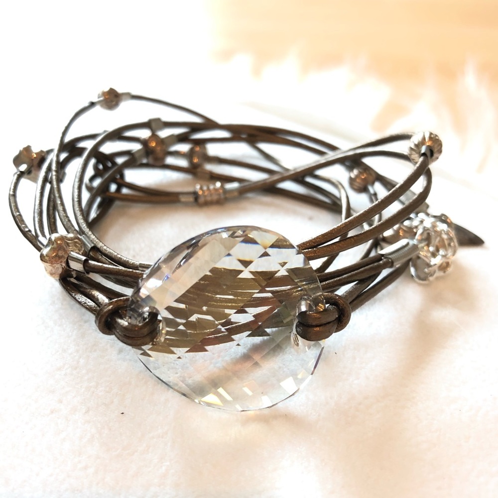 Bronze Leather & Faceted Crystal Wrap Bracelet
